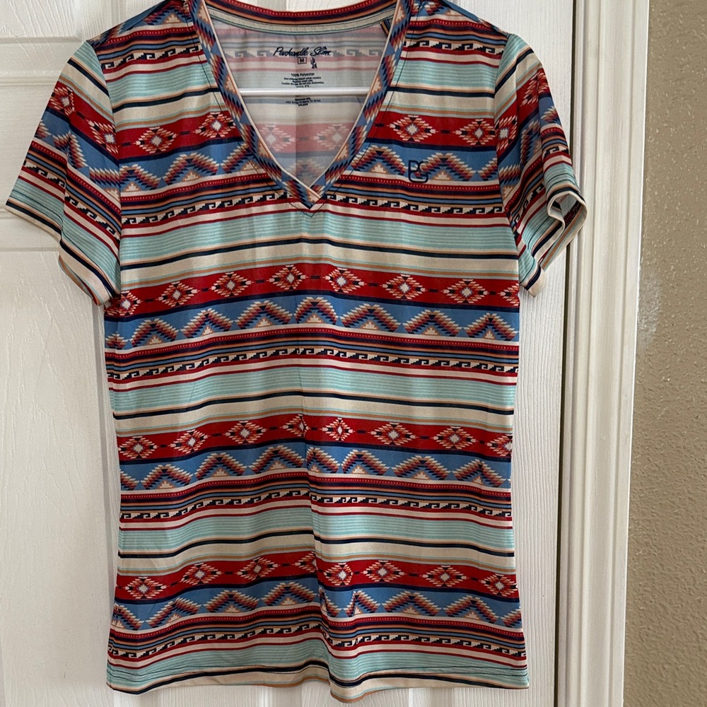 Panhandle Slim Red Blue Cream Southwestern Stripe V-Neck Tee